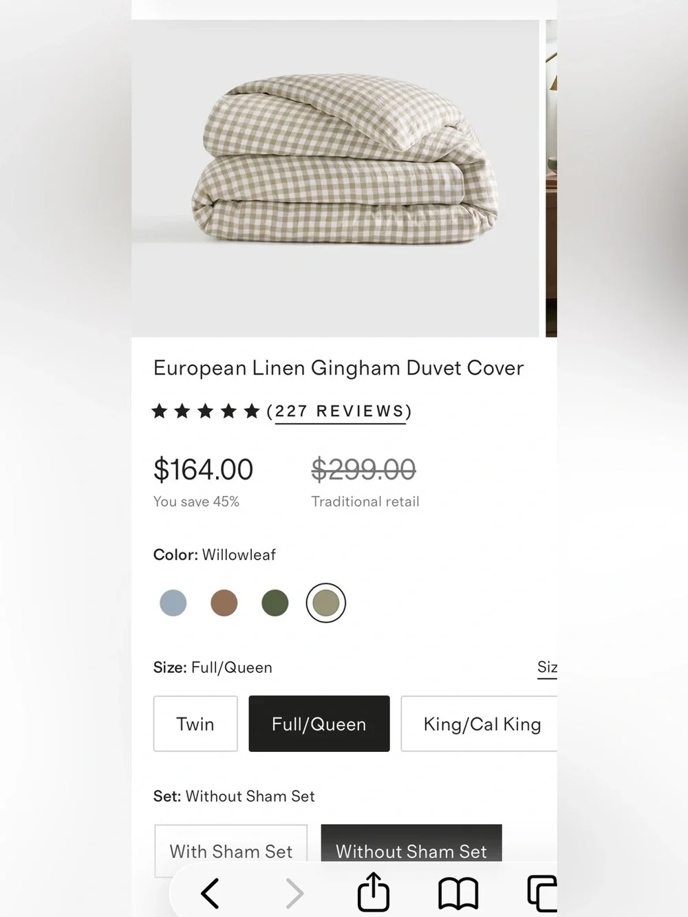 NWOT Quince European Linen Gingham 1 Piece Duvet Cover, Full/Queen (Willowleaf)